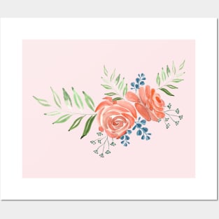 ORANGE PEACH WATERCOLOR ROSE FLOWERS Posters and Art